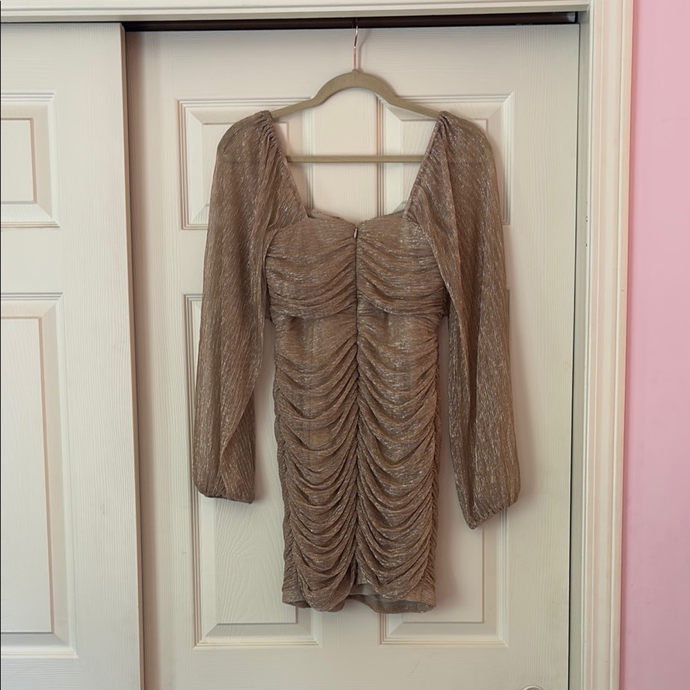 BCBGeneration Gold Ruched Dress with Puff Sleeves - Picture 4 of 4